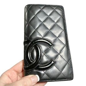 Chanel Authentic Cambon Line Lambskin Leather Long Wallet Black